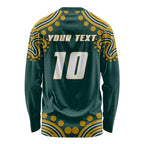 Personalized Kookaburras Field Hockey Kangaroo Long Sleeve Shirt Indigenous Australian Dot Art Style In Green And Gold
