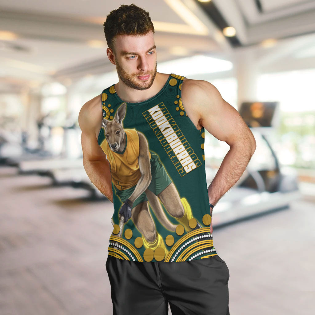 Personalized Kookaburras Field Hockey Kangaroo Men Tank Top Indigenous Australian Dot Art Style In Green And Gold