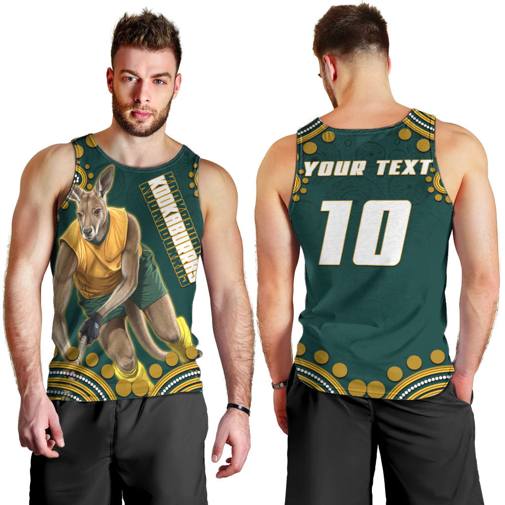 Personalized Kookaburras Field Hockey Kangaroo Men Tank Top Indigenous Australian Dot Art Style In Green And Gold
