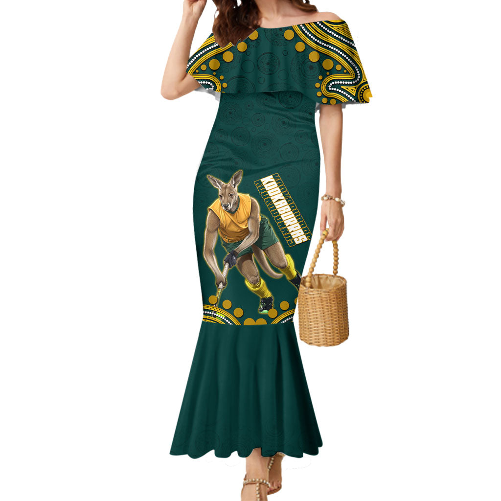 Personalized Kookaburras Field Hockey Kangaroo Mermaid Dress Indigenous Australian Dot Art Style In Green And Gold