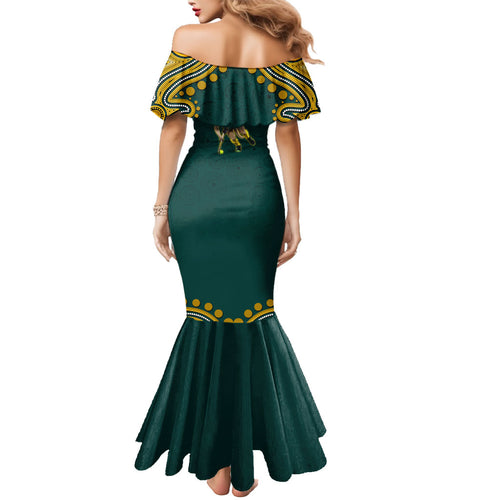 Personalized Kookaburras Field Hockey Kangaroo Mermaid Dress Indigenous Australian Dot Art Style In Green And Gold