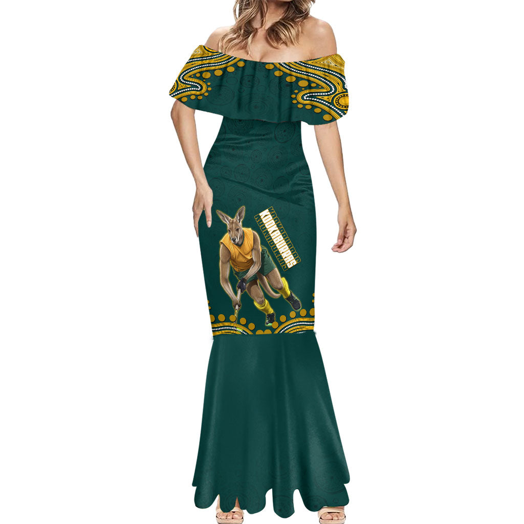 Personalized Kookaburras Field Hockey Kangaroo Mermaid Dress Indigenous Australian Dot Art Style In Green And Gold