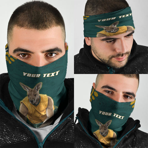 Personalized Kookaburras Field Hockey Kangaroo Neck Gaiter Indigenous Australian Dot Art Style In Green And Gold
