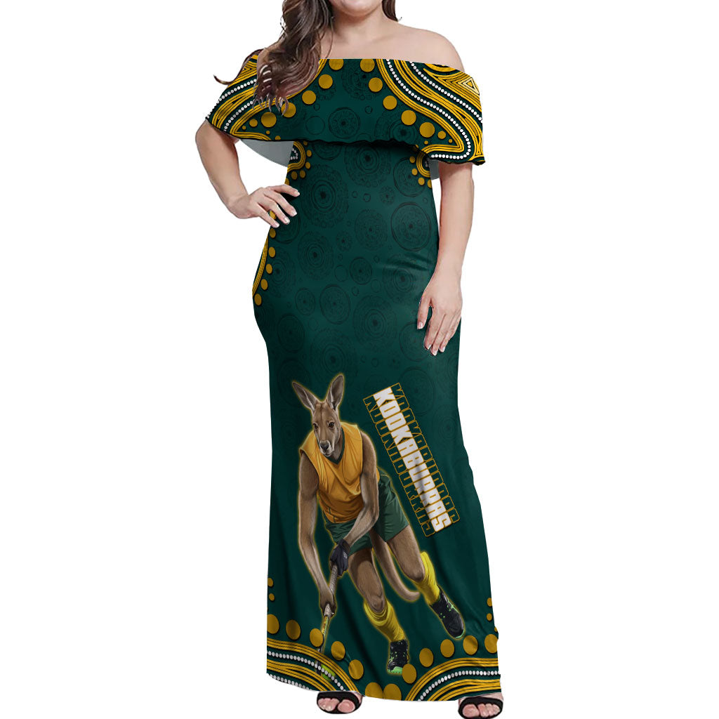 Personalized Kookaburras Field Hockey Kangaroo Off Shoulder Maxi Dress Indigenous Australian Dot Art Style In Green And Gold