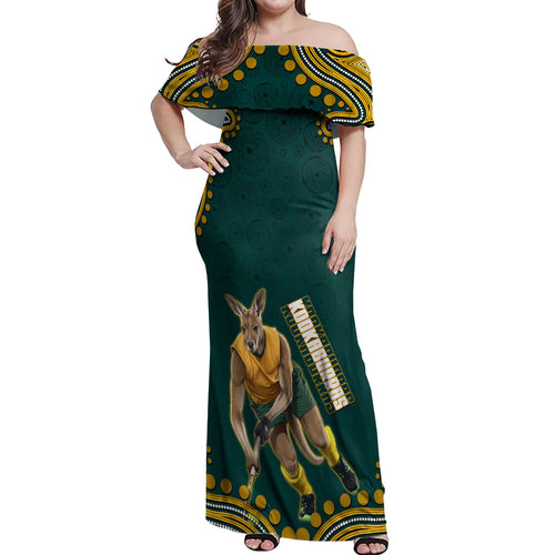 Personalized Kookaburras Field Hockey Kangaroo Off Shoulder Maxi Dress Indigenous Australian Dot Art Style In Green And Gold