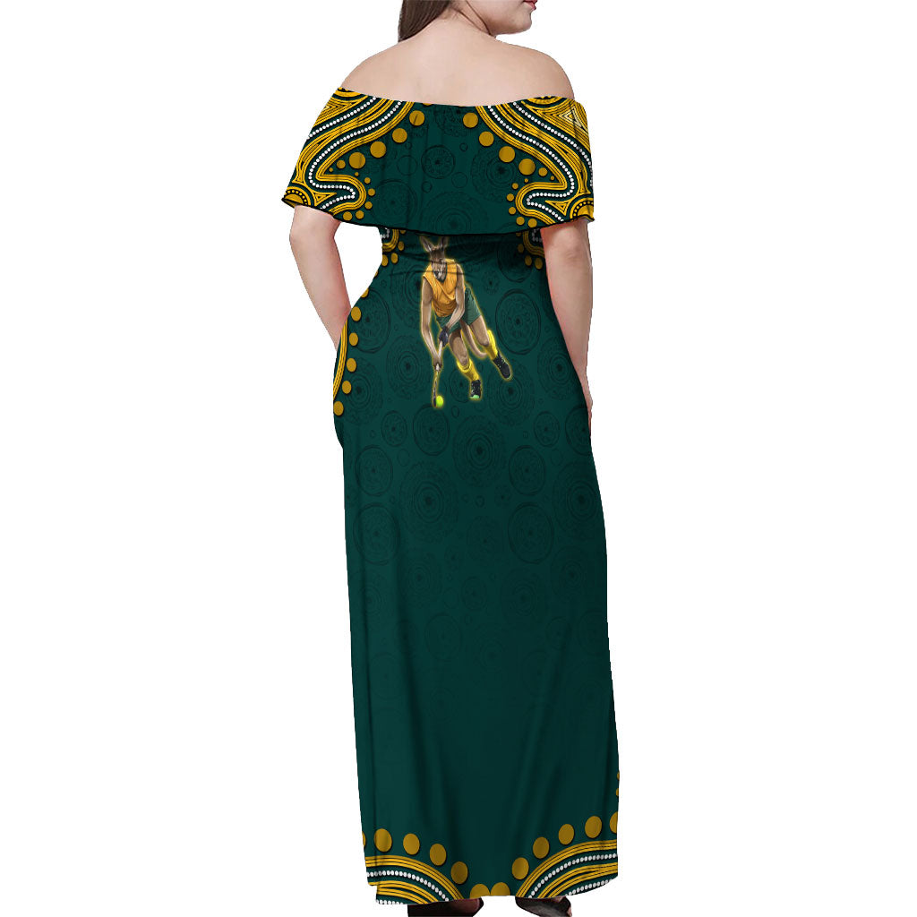 Personalized Kookaburras Field Hockey Kangaroo Off Shoulder Maxi Dress Indigenous Australian Dot Art Style In Green And Gold