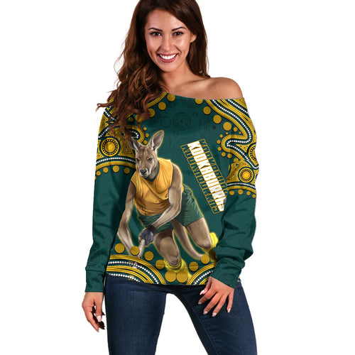 Personalized Kookaburras Field Hockey Kangaroo Off Shoulder Sweater Indigenous Australian Dot Art Style In Green And Gold