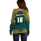 Personalized Kookaburras Field Hockey Kangaroo Off Shoulder Sweater Indigenous Australian Dot Art Style In Green And Gold