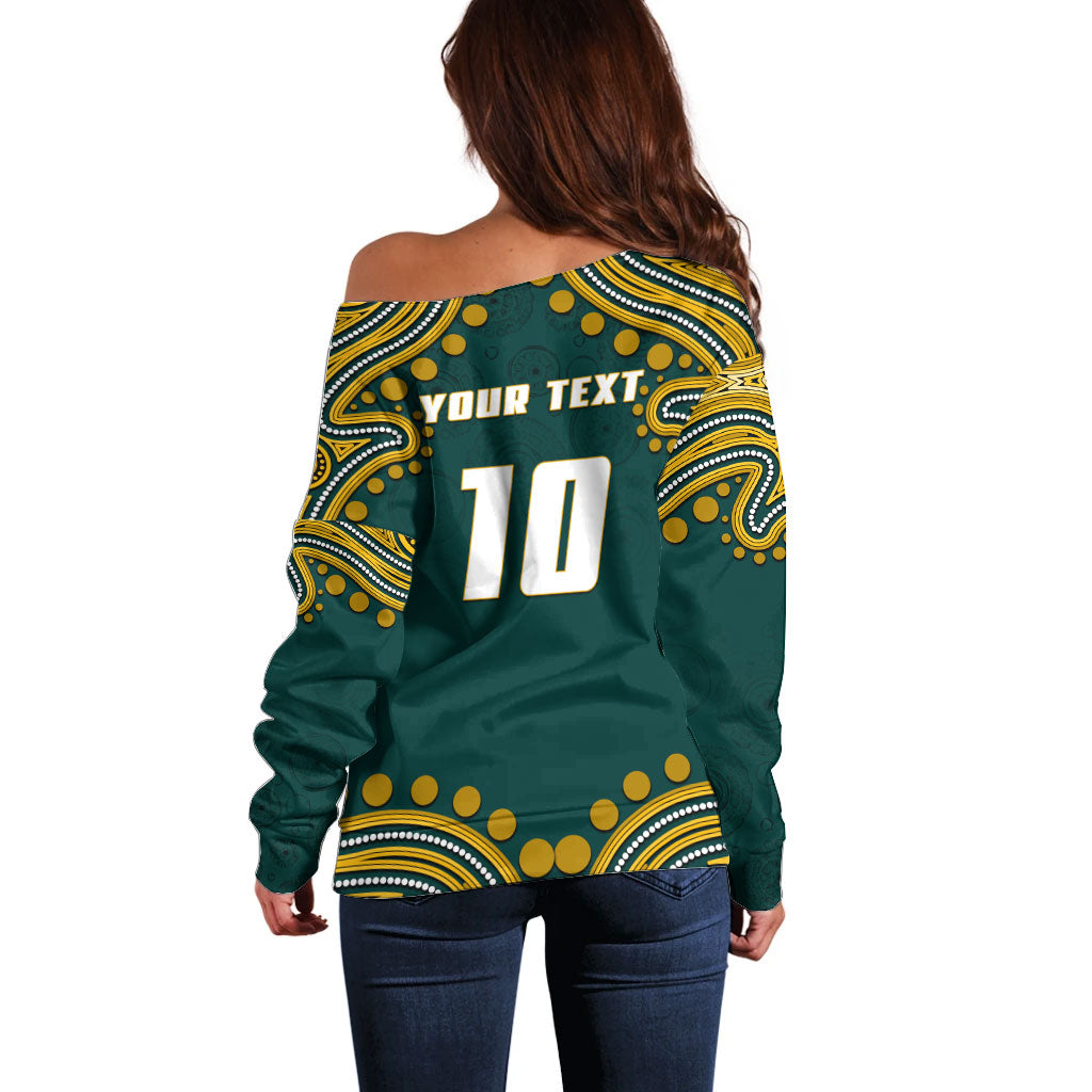 Personalized Kookaburras Field Hockey Kangaroo Off Shoulder Sweater Indigenous Australian Dot Art Style In Green And Gold