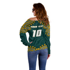 Personalized Kookaburras Field Hockey Kangaroo Off Shoulder Sweater Indigenous Australian Dot Art Style In Green And Gold