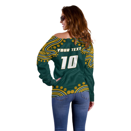 Personalized Kookaburras Field Hockey Kangaroo Off Shoulder Sweater Indigenous Australian Dot Art Style In Green And Gold