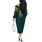 Personalized Kookaburras Field Hockey Kangaroo Off The Shoulder Long Sleeve Dress Indigenous Australian Dot Art Style In Green And Gold