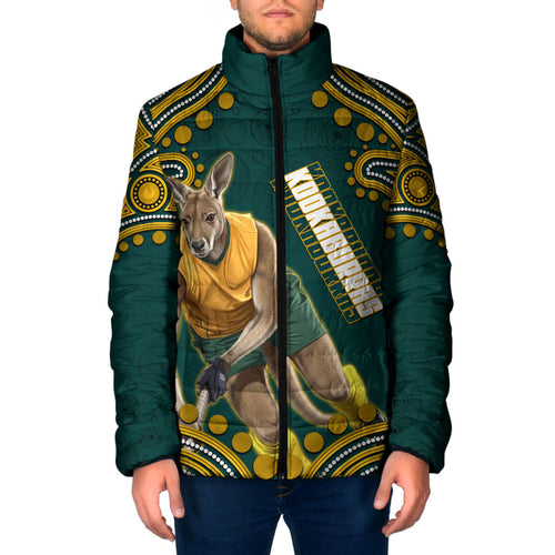Personalized Kookaburras Field Hockey Kangaroo Padded Jacket Indigenous Australian Dot Art Style In Green And Gold