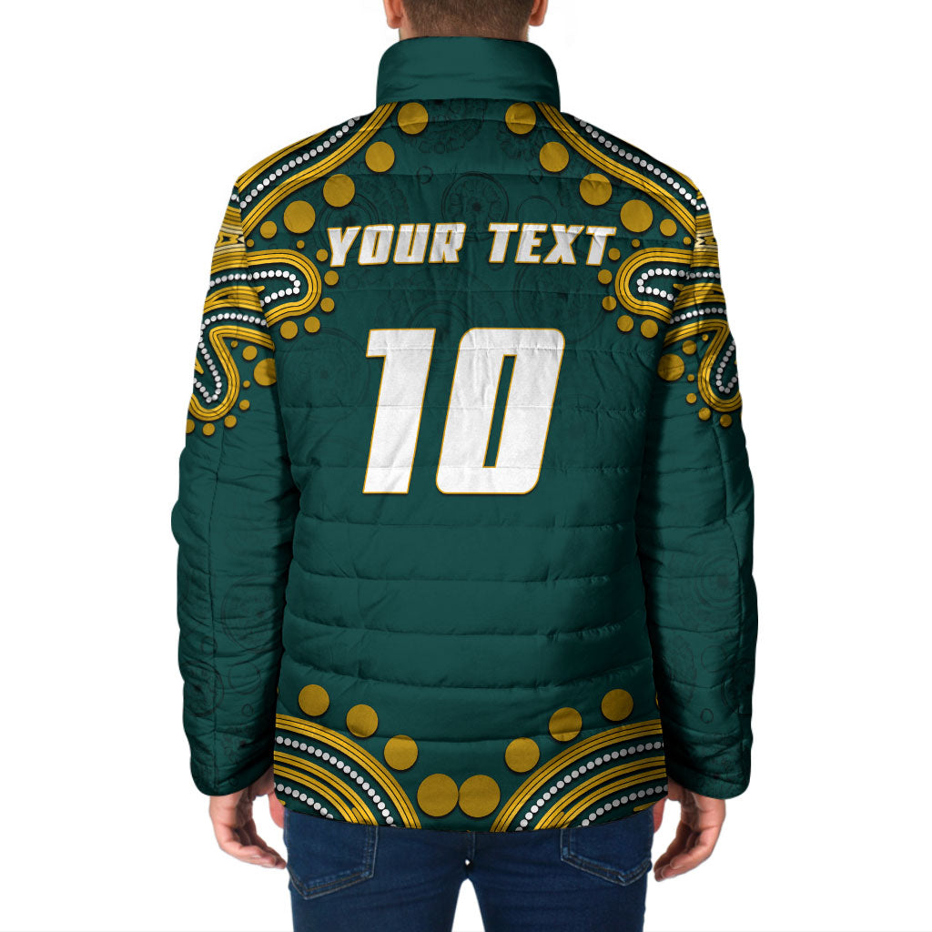 Personalized Kookaburras Field Hockey Kangaroo Padded Jacket Indigenous Australian Dot Art Style In Green And Gold