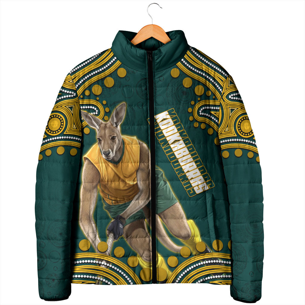 Personalized Kookaburras Field Hockey Kangaroo Padded Jacket Indigenous Australian Dot Art Style In Green And Gold