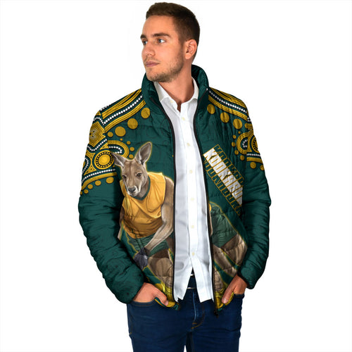 Personalized Kookaburras Field Hockey Kangaroo Padded Jacket Indigenous Australian Dot Art Style In Green And Gold