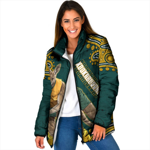 Personalized Kookaburras Field Hockey Kangaroo Padded Jacket Indigenous Australian Dot Art Style In Green And Gold