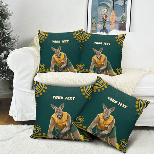Personalized Kookaburras Field Hockey Kangaroo Pillow Cover Indigenous Australian Dot Art Style In Green And Gold