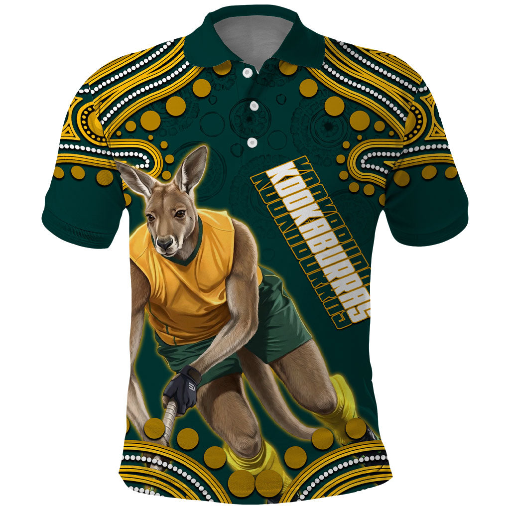 Personalized Kookaburras Field Hockey Kangaroo Polo Shirt Indigenous Australian Dot Art Style In Green And Gold
