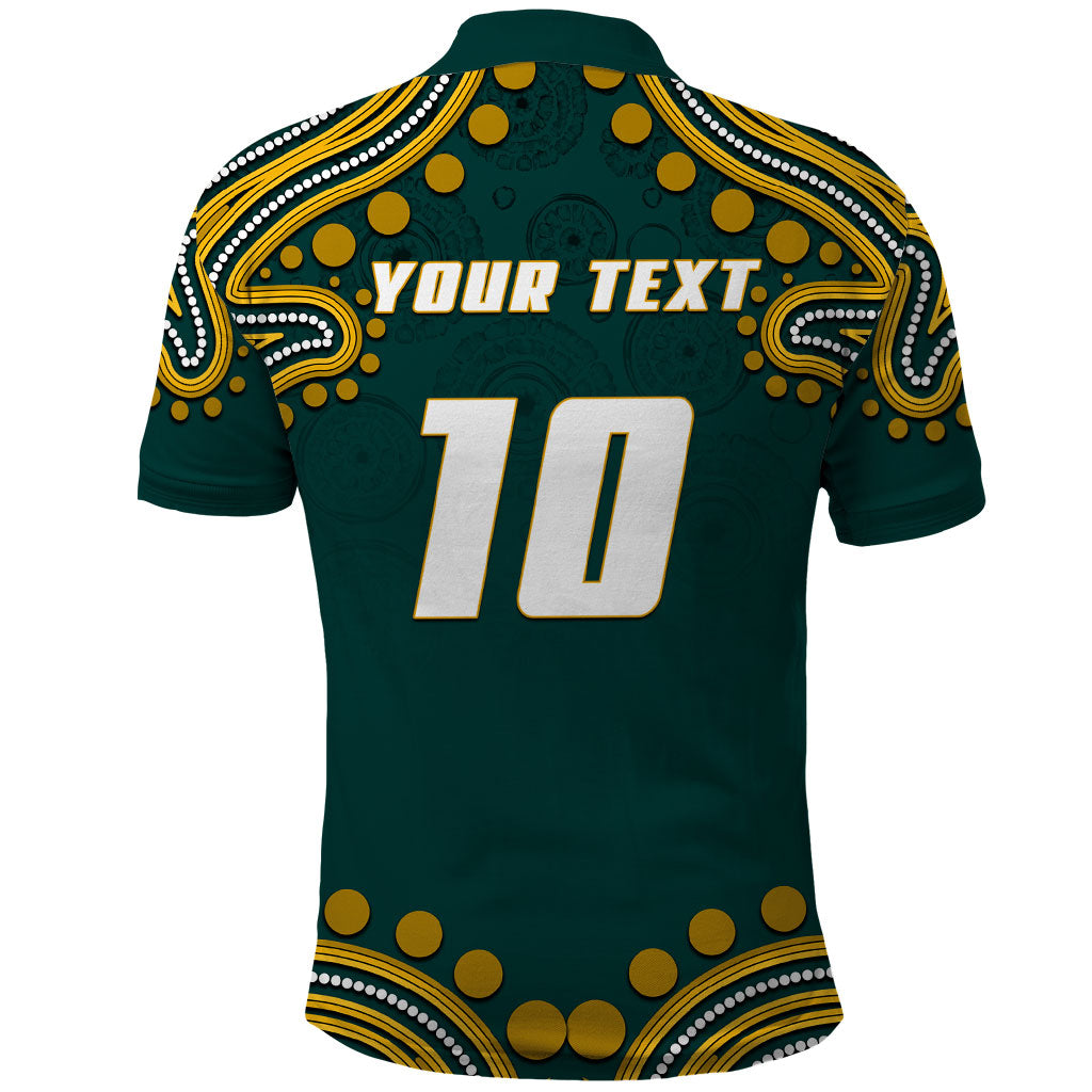 Personalized Kookaburras Field Hockey Kangaroo Polo Shirt Indigenous Australian Dot Art Style In Green And Gold