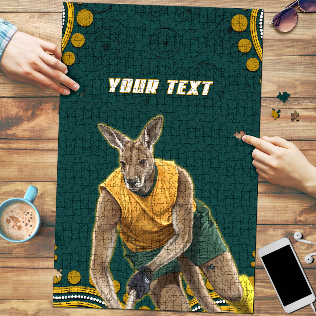 Personalized Kookaburras Field Hockey Kangaroo Puzzle Indigenous Australian Dot Art Style In Green And Gold
