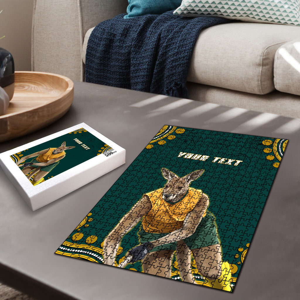 Personalized Kookaburras Field Hockey Kangaroo Puzzle Indigenous Australian Dot Art Style In Green And Gold
