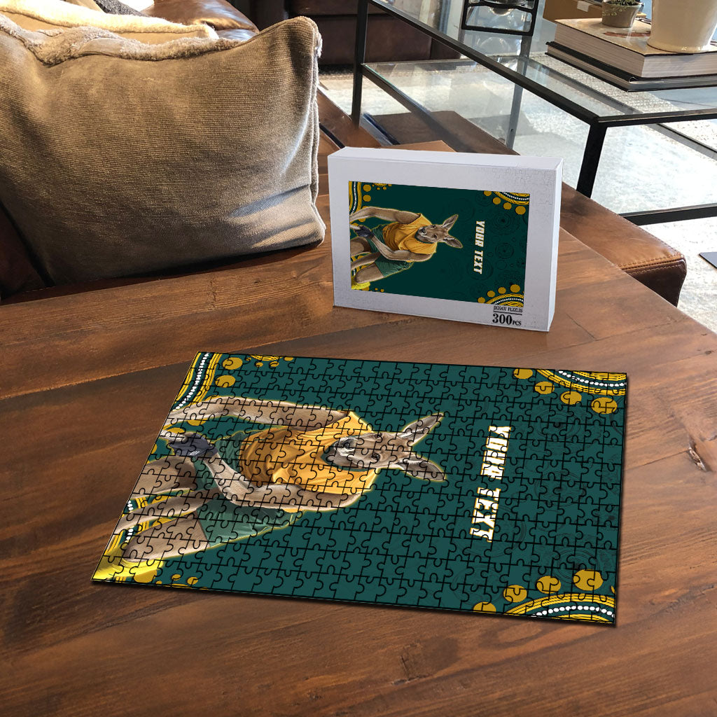 Personalized Kookaburras Field Hockey Kangaroo Puzzle Indigenous Australian Dot Art Style In Green And Gold