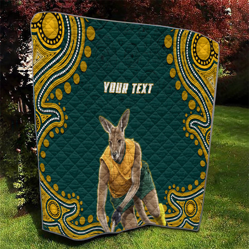 Personalized Kookaburras Field Hockey Kangaroo Quilt Indigenous Australian Dot Art Style In Green And Gold