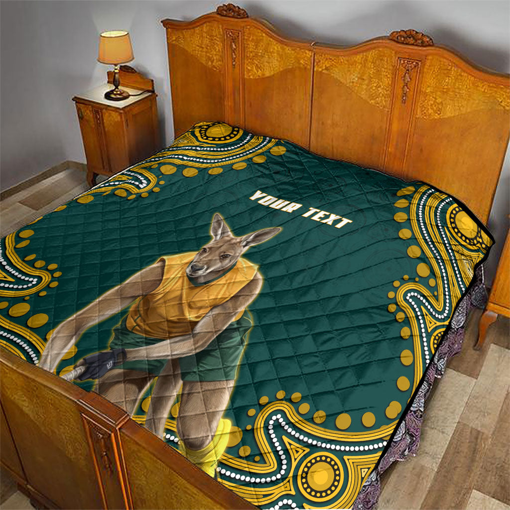 Personalized Kookaburras Field Hockey Kangaroo Quilt Indigenous Australian Dot Art Style In Green And Gold