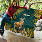 Personalized Kookaburras Field Hockey Kangaroo Quilt Indigenous Australian Dot Art Style In Green And Gold