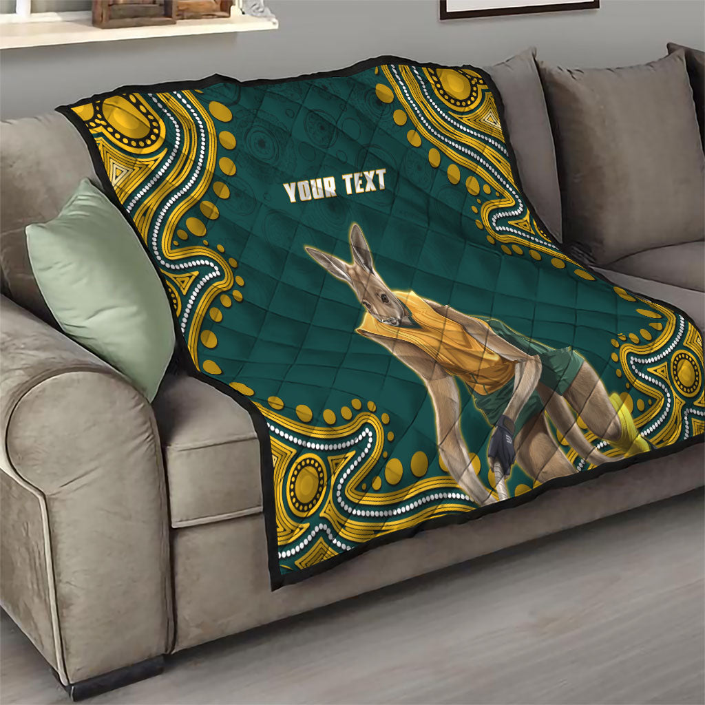 Personalized Kookaburras Field Hockey Kangaroo Quilt Indigenous Australian Dot Art Style In Green And Gold