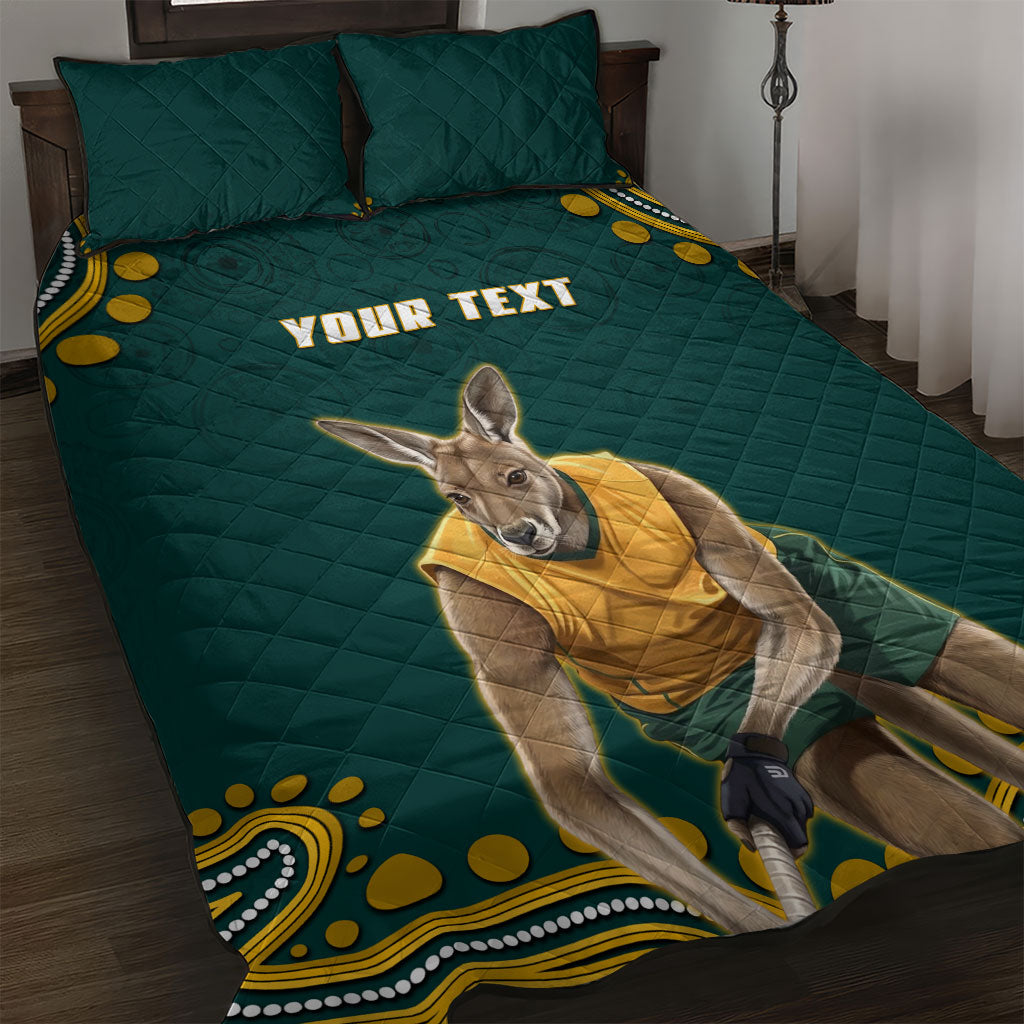 Personalized Kookaburras Field Hockey Kangaroo Quilt Bed Set Indigenous Australian Dot Art Style In Green And Gold