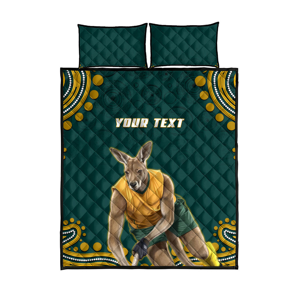 Personalized Kookaburras Field Hockey Kangaroo Quilt Bed Set Indigenous Australian Dot Art Style In Green And Gold