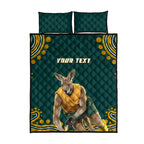 Personalized Kookaburras Field Hockey Kangaroo Quilt Bed Set Indigenous Australian Dot Art Style In Green And Gold