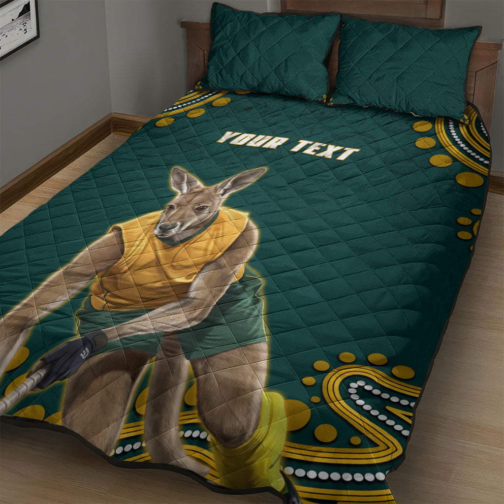 Personalized Kookaburras Field Hockey Kangaroo Quilt Bed Set Indigenous Australian Dot Art Style In Green And Gold