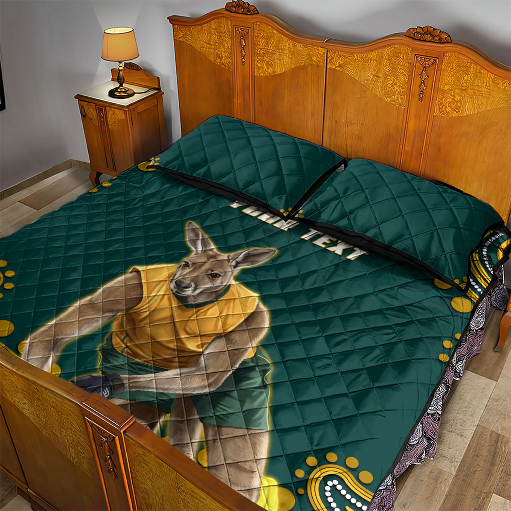 Personalized Kookaburras Field Hockey Kangaroo Quilt Bed Set Indigenous Australian Dot Art Style In Green And Gold