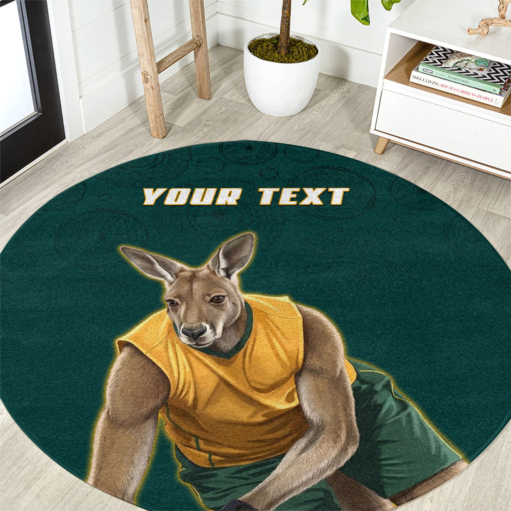Personalized Kookaburras Field Hockey Kangaroo Round Carpet Indigenous Australian Dot Art Style In Green And Gold