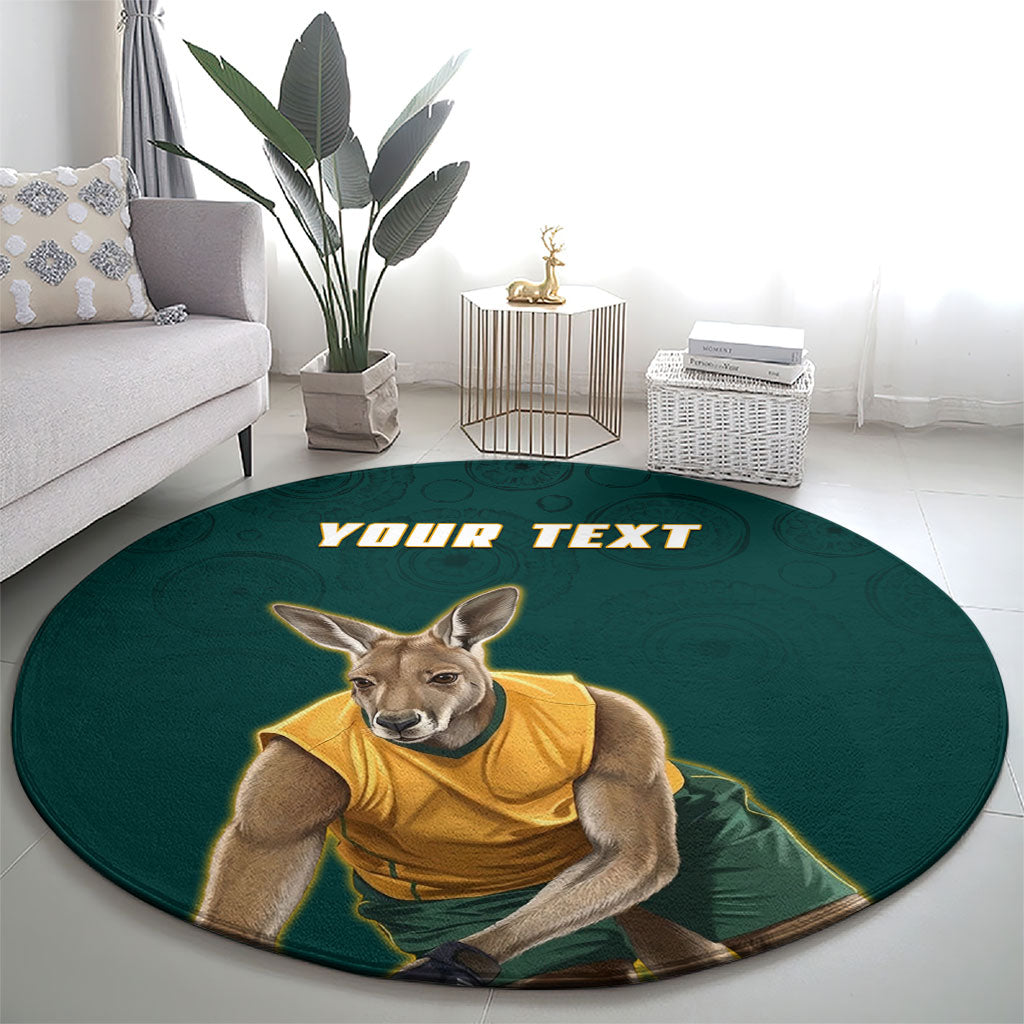 Personalized Kookaburras Field Hockey Kangaroo Round Carpet Indigenous Australian Dot Art Style In Green And Gold