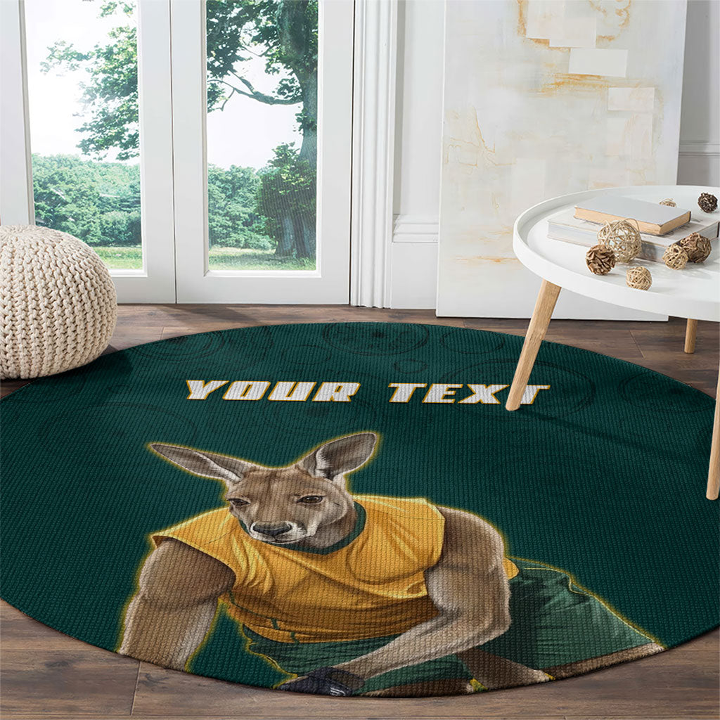 Personalized Kookaburras Field Hockey Kangaroo Round Carpet Indigenous Australian Dot Art Style In Green And Gold