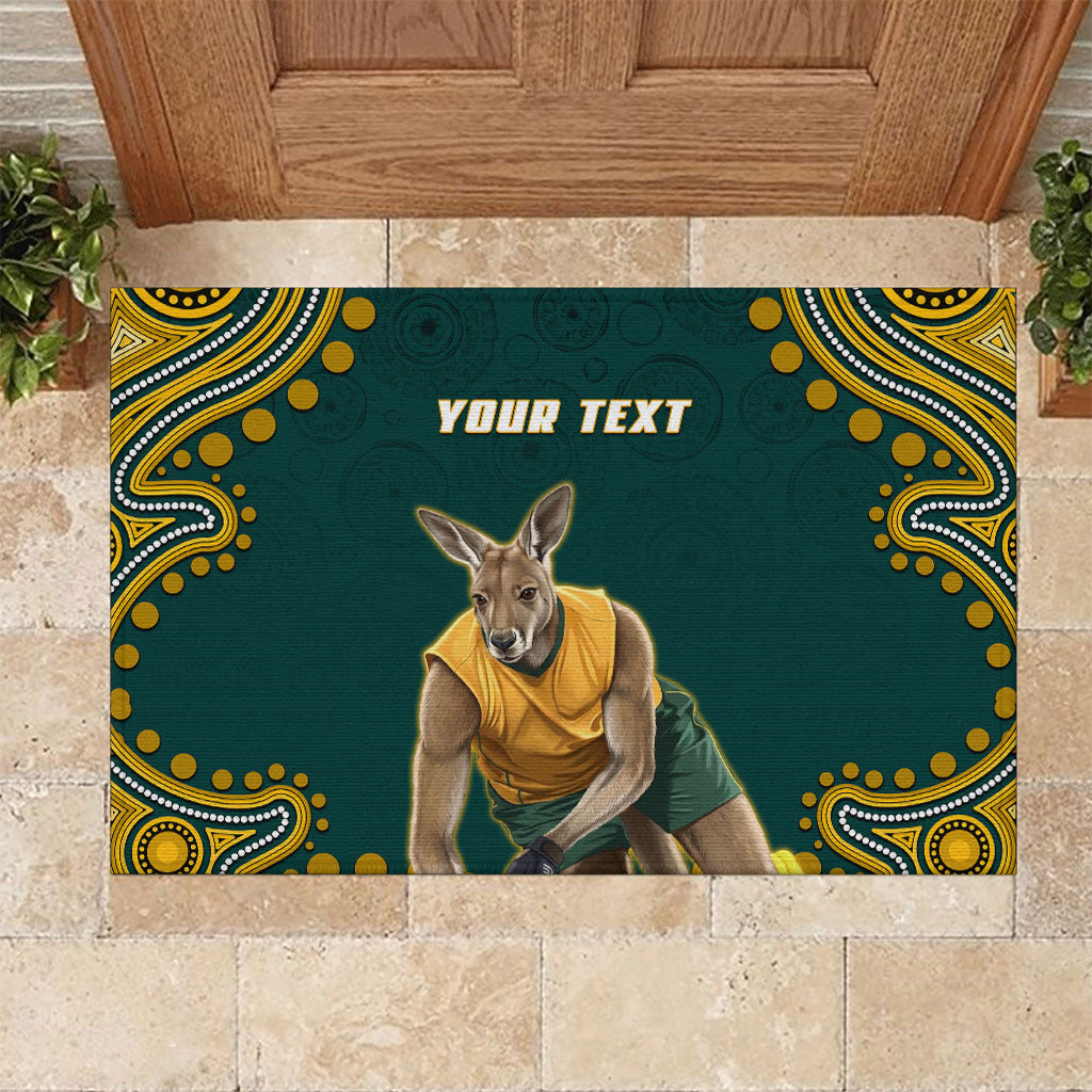 Personalized Kookaburras Field Hockey Kangaroo Rubber Doormat Indigenous Australian Dot Art Style In Green And Gold
