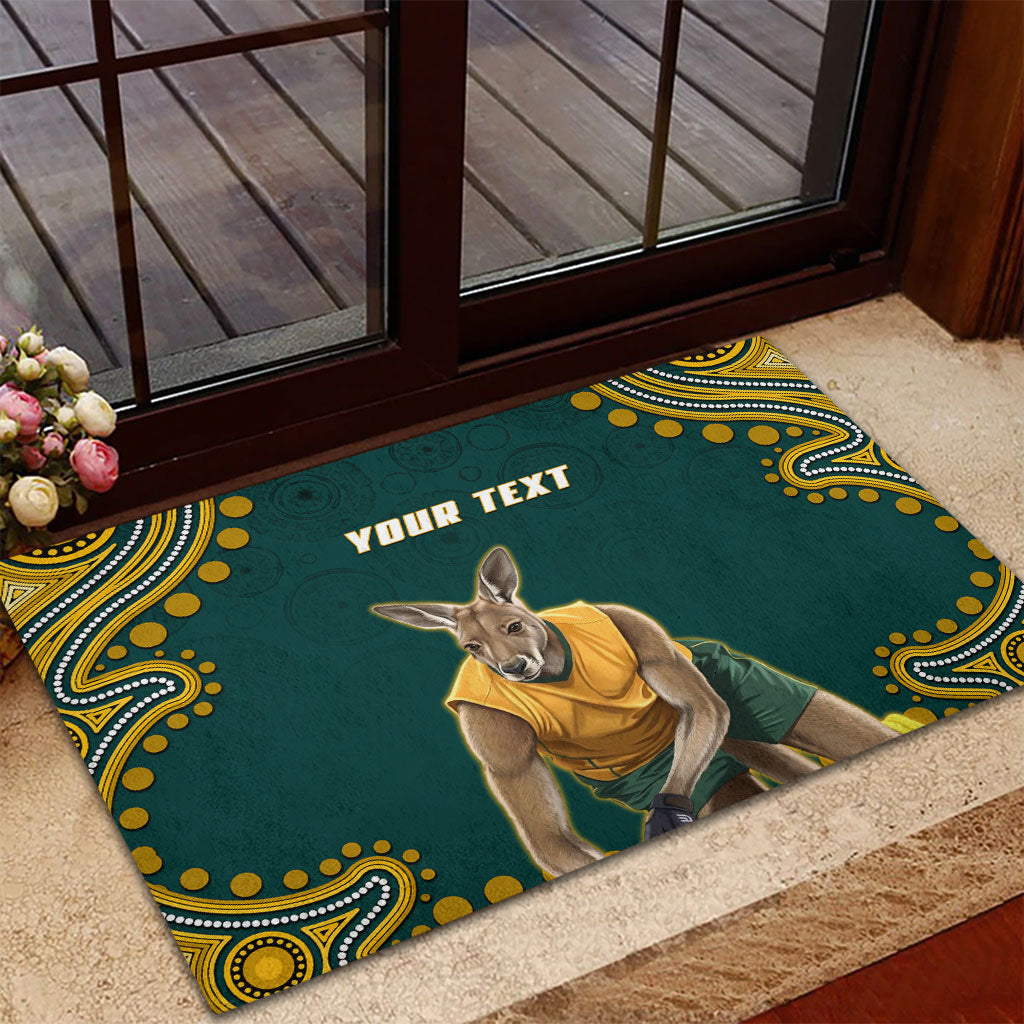 Personalized Kookaburras Field Hockey Kangaroo Rubber Doormat Indigenous Australian Dot Art Style In Green And Gold