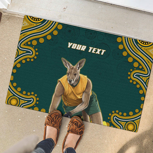 Personalized Kookaburras Field Hockey Kangaroo Rubber Doormat Indigenous Australian Dot Art Style In Green And Gold
