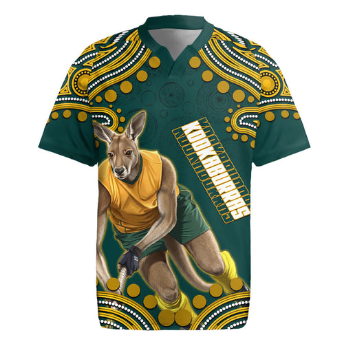 Personalized Kookaburras Field Hockey Kangaroo Rugby Jersey Indigenous Australian Dot Art Style In Green And Gold