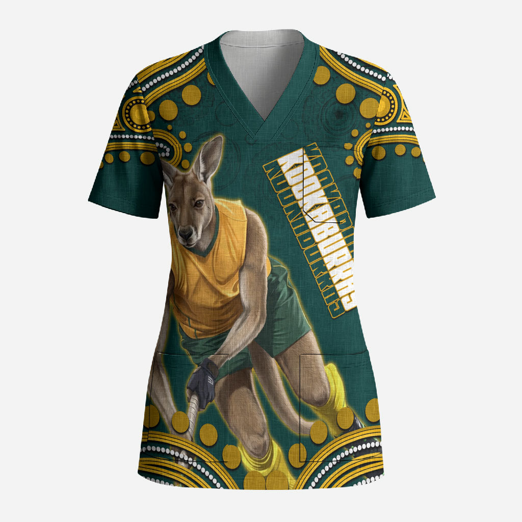 Personalized Kookaburras Field Hockey Kangaroo Scrub Top Indigenous Australian Dot Art Style In Green And Gold
