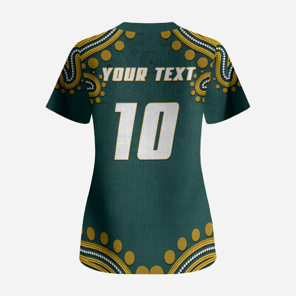 Personalized Kookaburras Field Hockey Kangaroo Scrub Top Indigenous Australian Dot Art Style In Green And Gold