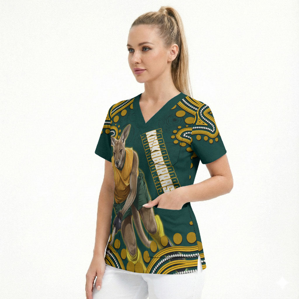 Personalized Kookaburras Field Hockey Kangaroo Scrub Top Indigenous Australian Dot Art Style In Green And Gold