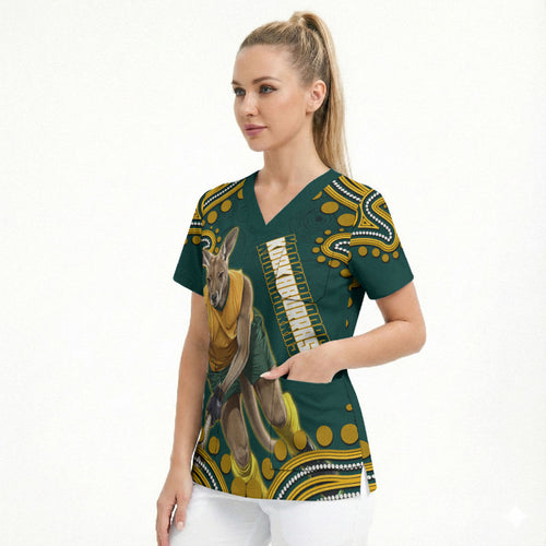 Personalized Kookaburras Field Hockey Kangaroo Scrub Top Indigenous Australian Dot Art Style In Green And Gold