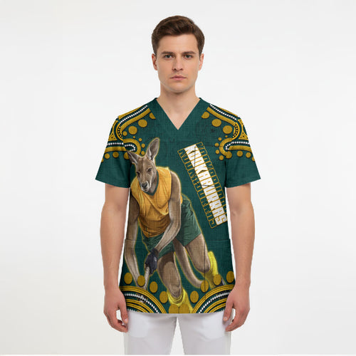 Personalized Kookaburras Field Hockey Kangaroo Scrub Top Indigenous Australian Dot Art Style In Green And Gold