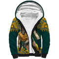 Personalized Kookaburras Field Hockey Kangaroo Sherpa Hoodie Indigenous Australian Dot Art Style In Green And Gold