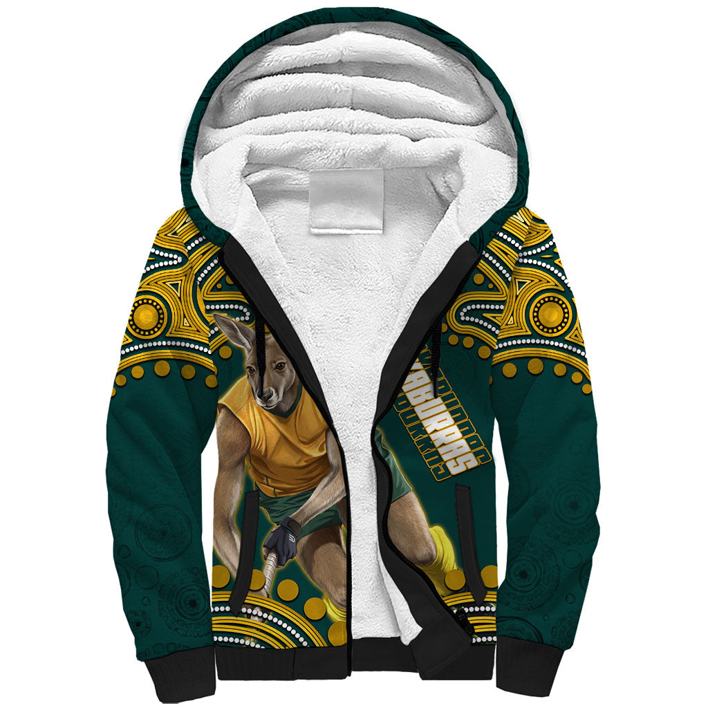 Personalized Kookaburras Field Hockey Kangaroo Sherpa Hoodie Indigenous Australian Dot Art Style In Green And Gold